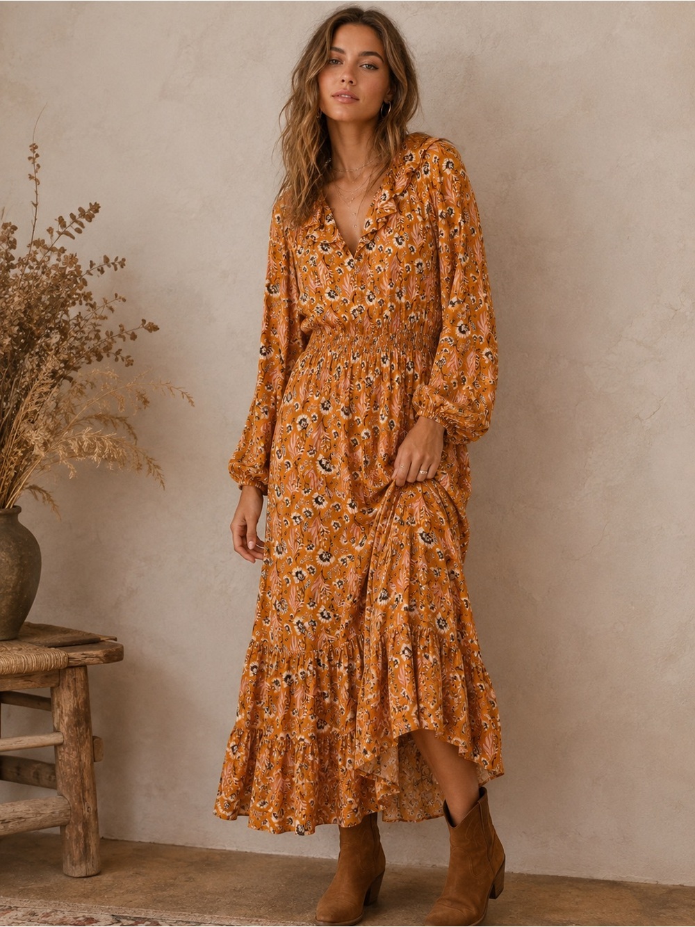 Universal Thread Floral Maxi Dress XL Mustard Yellow Ruffle Balloon Sleeve NWT